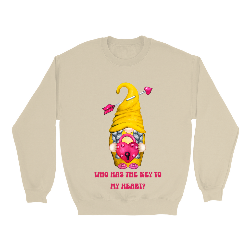 Embrace Love's Warmth: Introducing our Gnome with a Locked heart, 'Love is' Gildan 18000 Sweatshirts – Whimsical Designs, Cozy Comfort.
