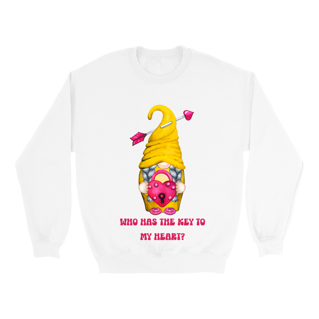 Embrace Love's Warmth: Introducing our Gnome with a Locked heart, 'Love is' Gildan 18000 Sweatshirts – Whimsical Designs, Cozy Comfort.