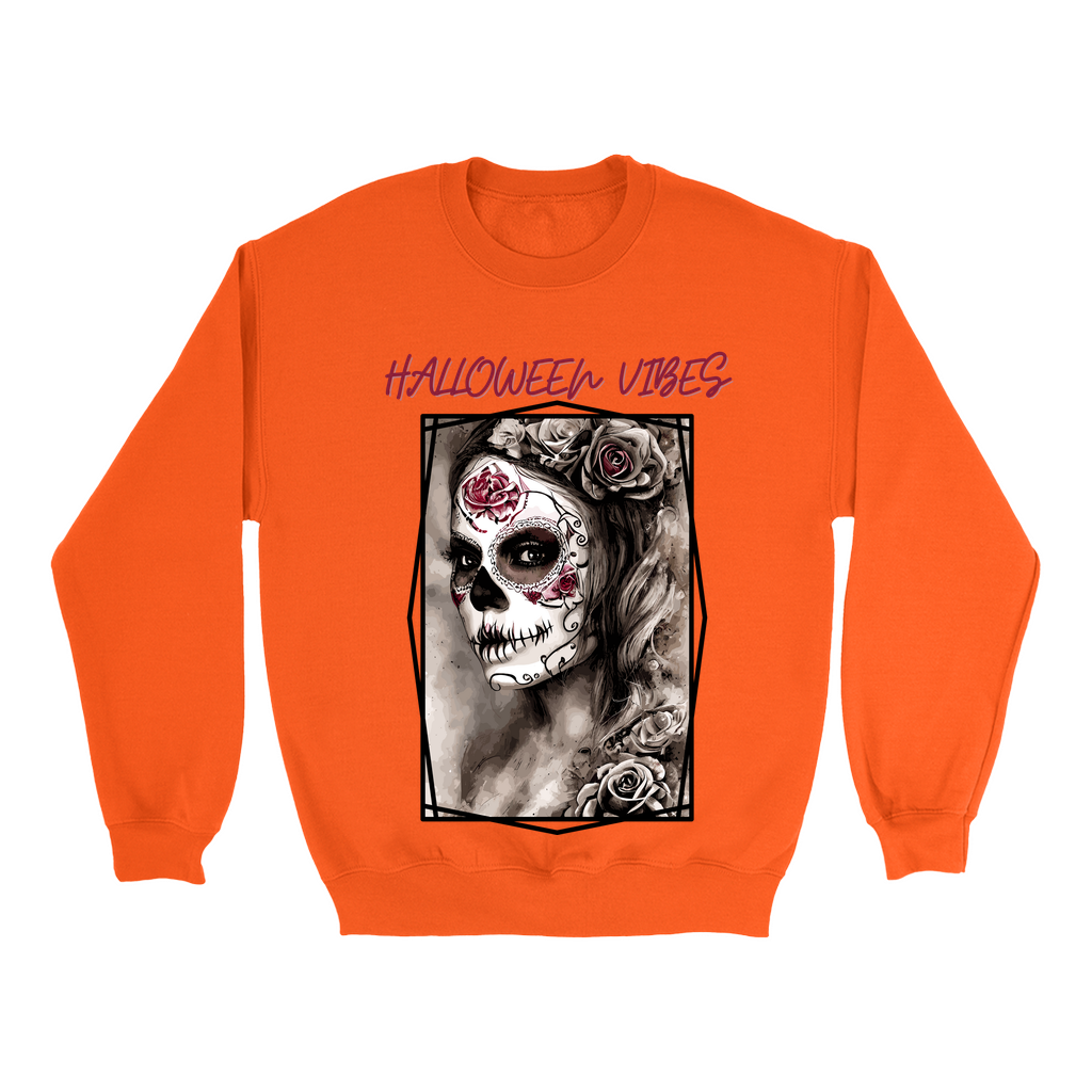 Explore our bewitching collection of Halloween sweatshirts, showcasing the mysterious allure of a Sugar-masked, Goth-style witch on the front.
