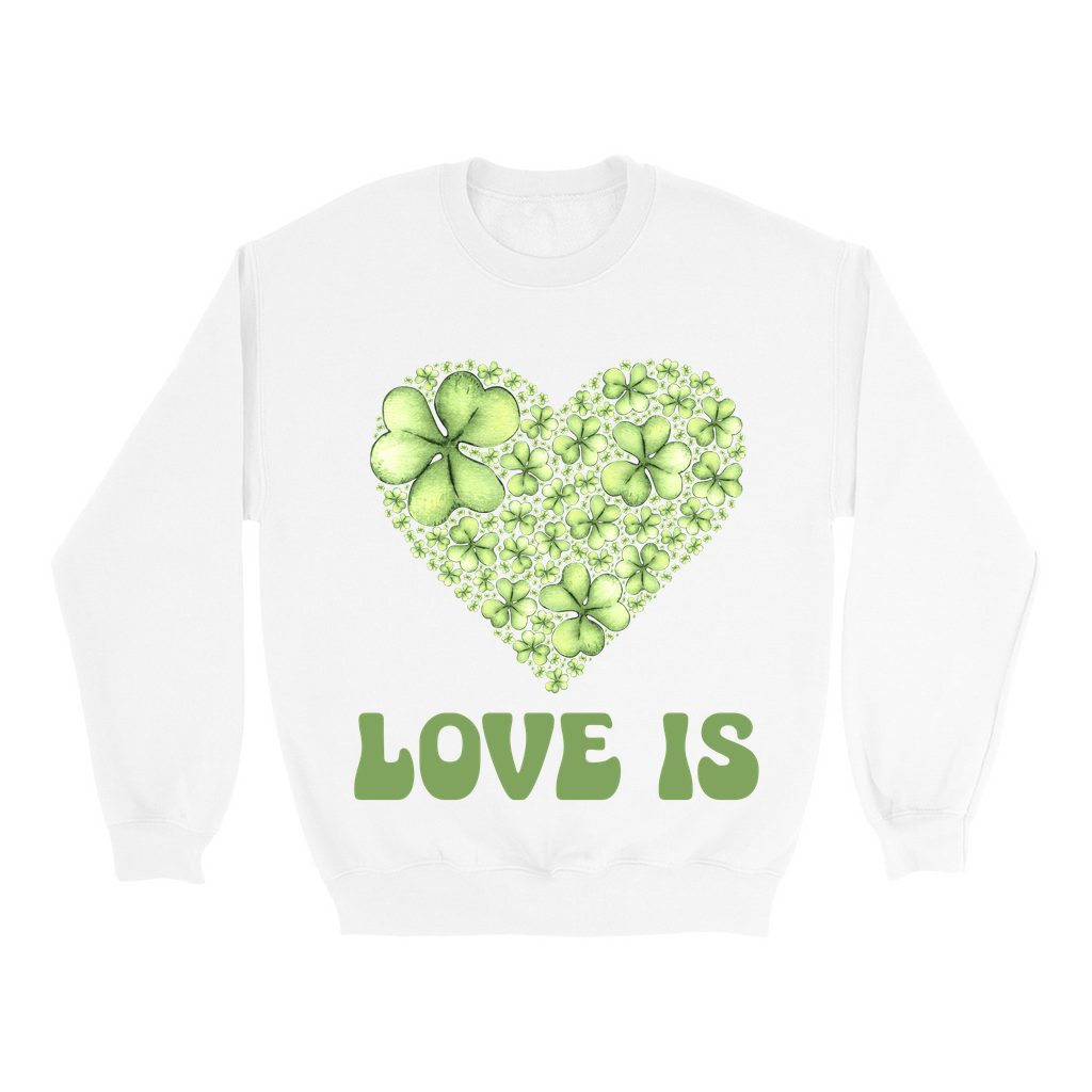 Embrace Love's Warmth: Introducing 'Love is' Gildan 18000 Sweatshirts - Whimsical Designs, Shamrock & Heart, Cozy Comfort, Thoughtful Sizing