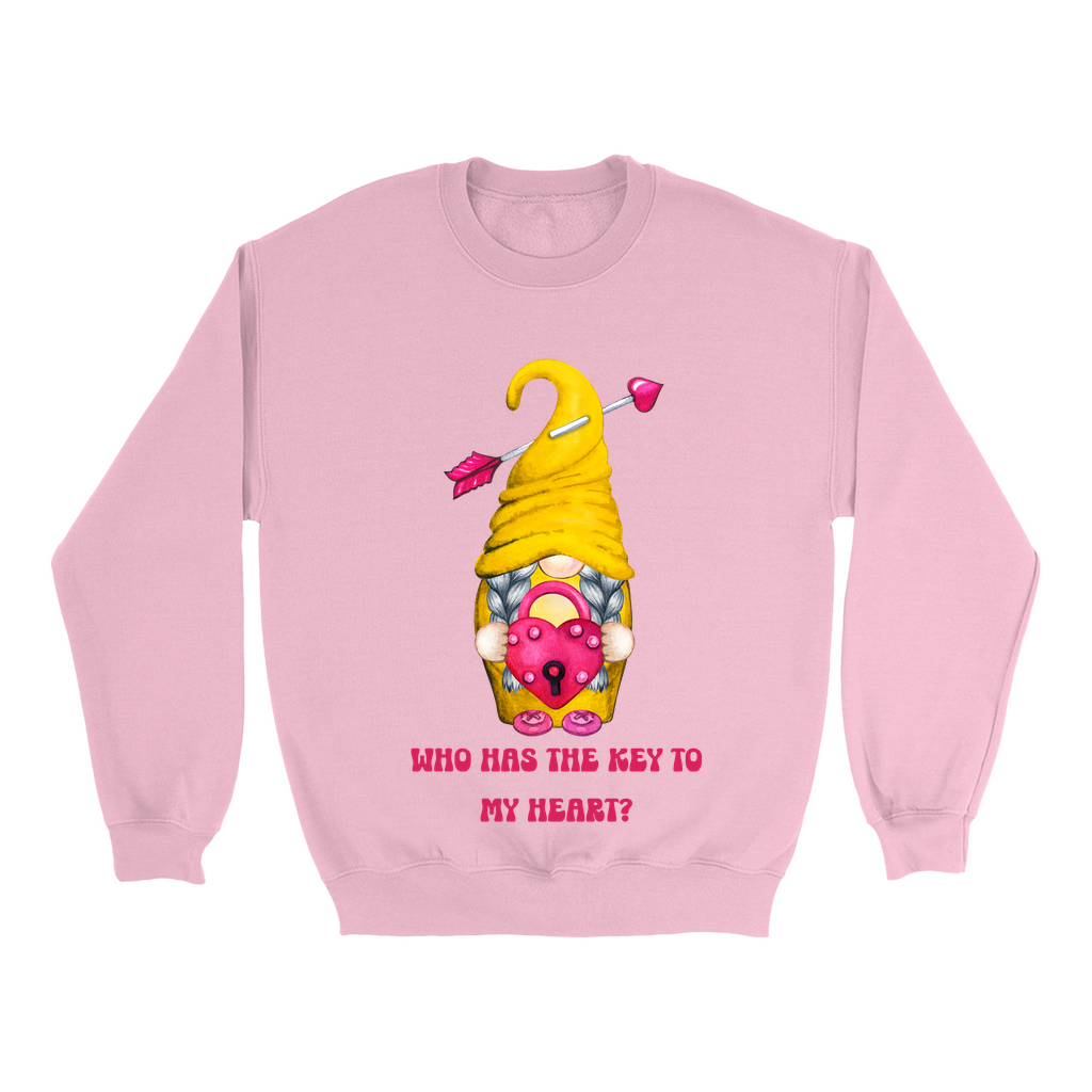Embrace Love's Warmth: Introducing our Gnome with a Locked heart, 'Love is' Gildan 18000 Sweatshirts – Whimsical Designs, Cozy Comfort.