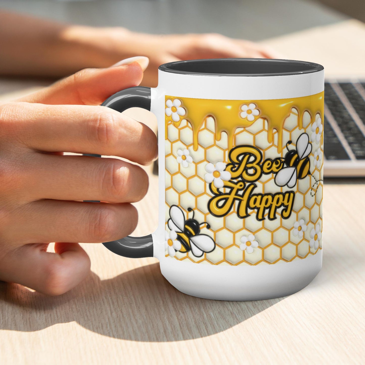 Buzzing with Inspiration: Inflated Bee-Themed Inspirational Mugs – “Bee Happy”
