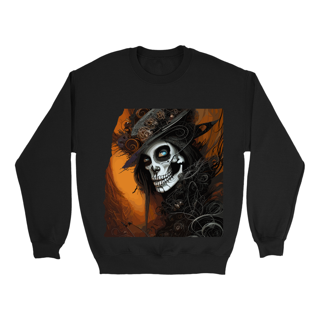 Explore our bewitching collection of Halloween sweatshirts, showcasing the mysterious allure of a Goth skeleton on the front.