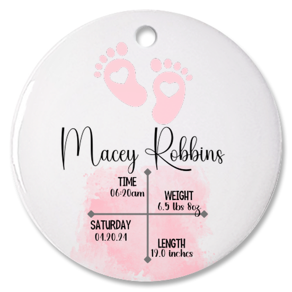 Personalized Newborn Baby Girl Birth Details Porcelain Keepsake Bauble, Baby Girl First Christmas Pink Ornament With Birth Details