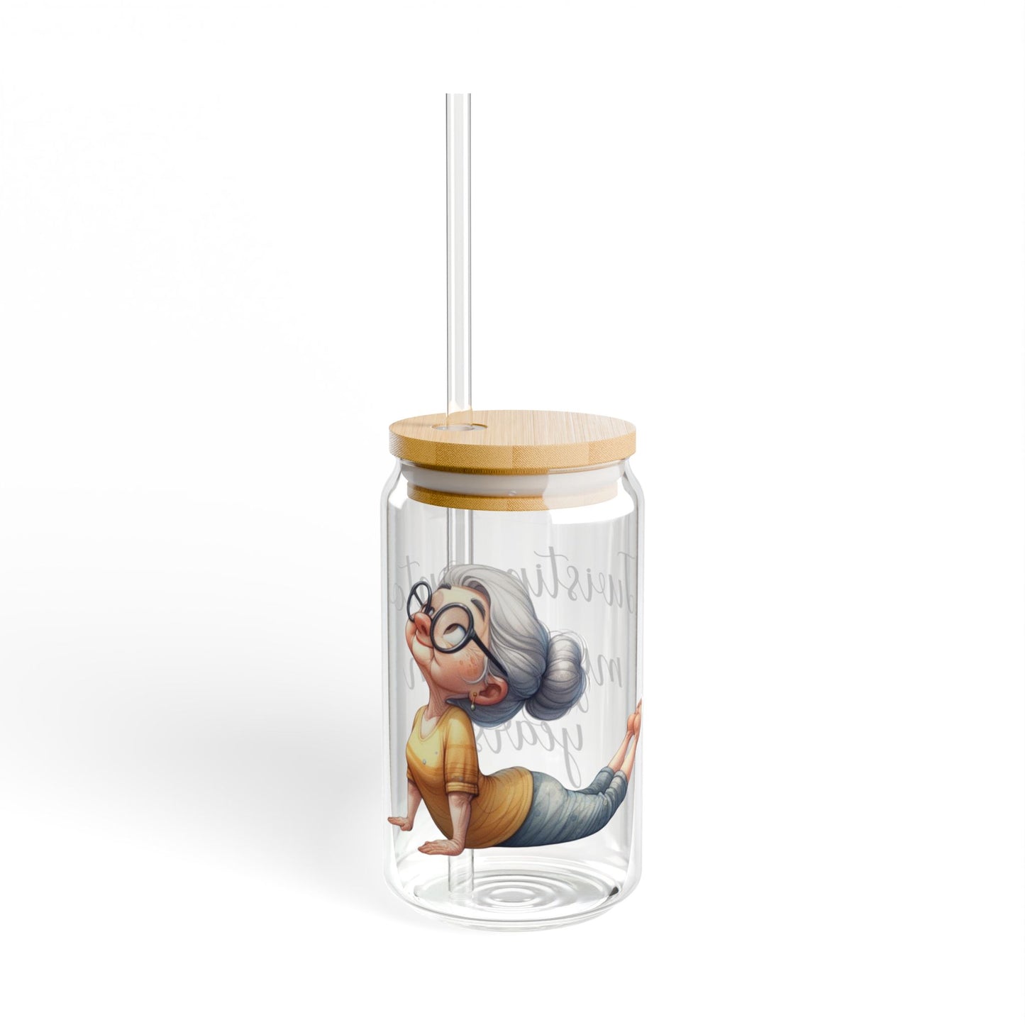 Our "Grandma Yoga" Collection Sipper Glass with Bamboo Lid and Tritan Straw!