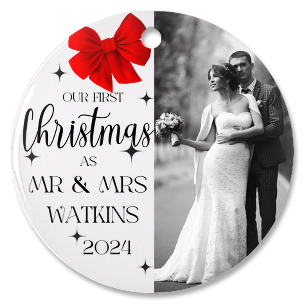 Personalized Photo First Christmas as Mr & Mrs, Mr & Mr, Mrs & Mrs Bauble Porcelain Ornament, First Christmas Married Milestone Keepsake