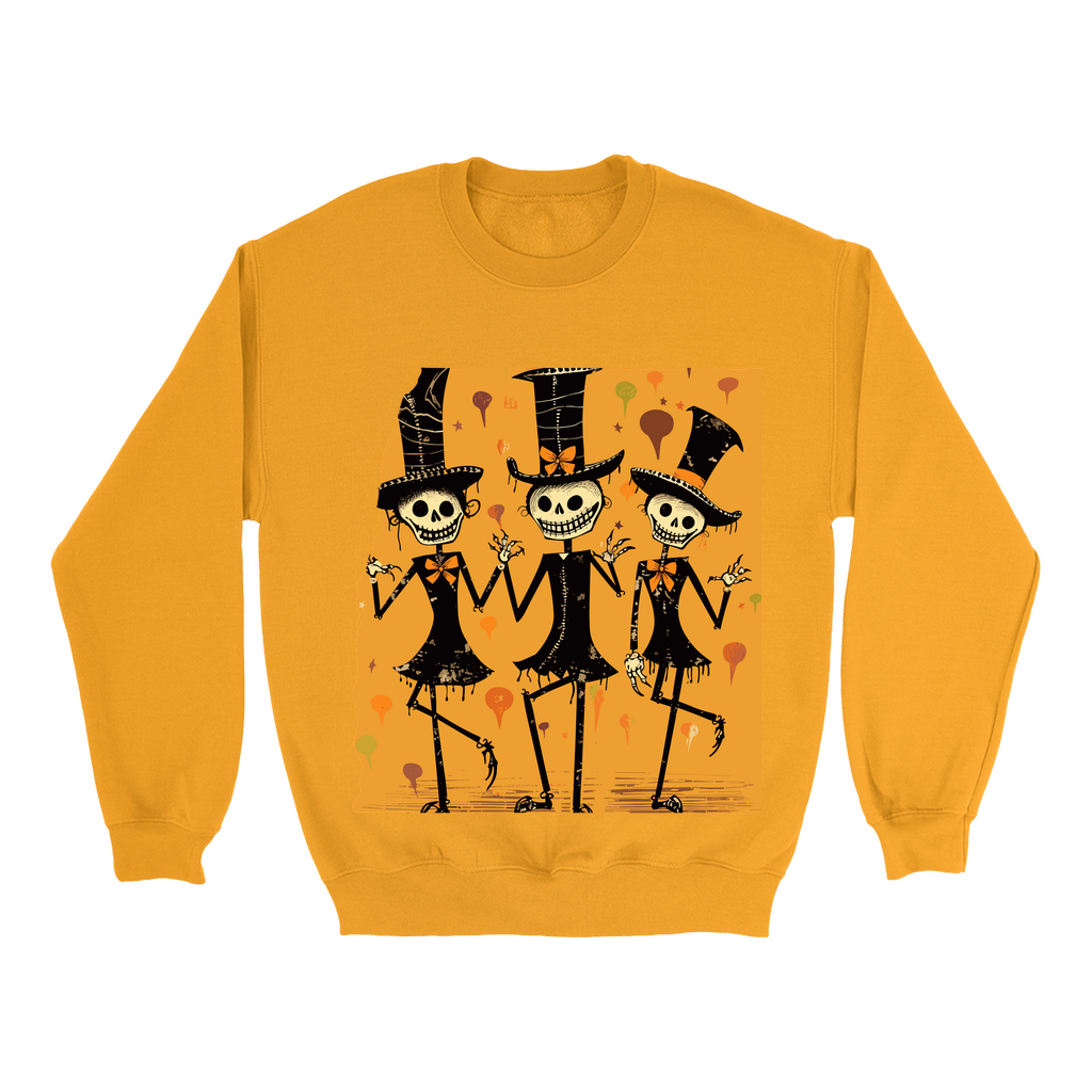 Explore our bewitching collection of Halloween sweatshirts, showcasing the mysterious allure of dancing skeletons on the front.