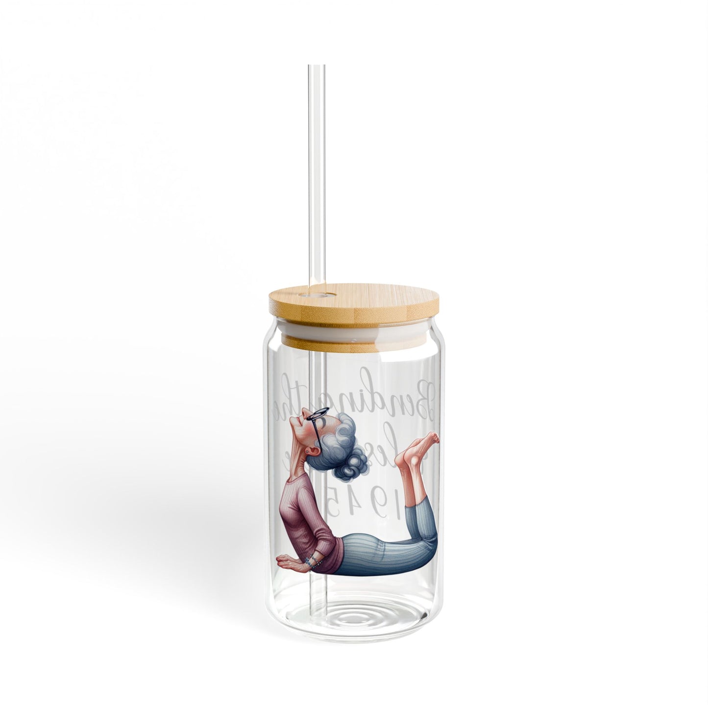 Our "Grandma Yoga" Collection Sipper Glass with Bamboo Lid and Tritan Straw!