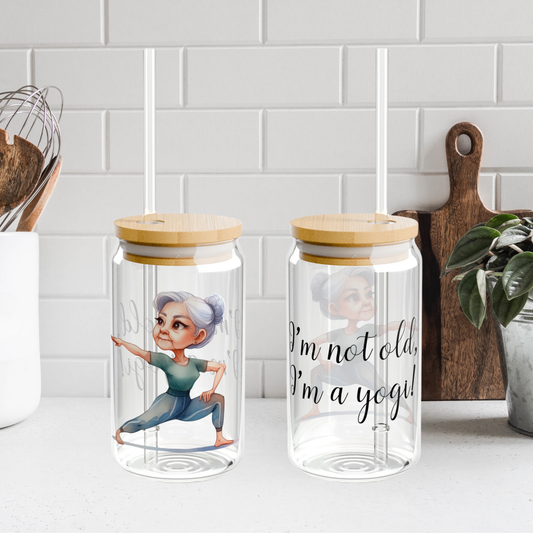 Our "Grandma Yoga" Collection Sipper Glass with Bamboo Lid and Tritan Straw!