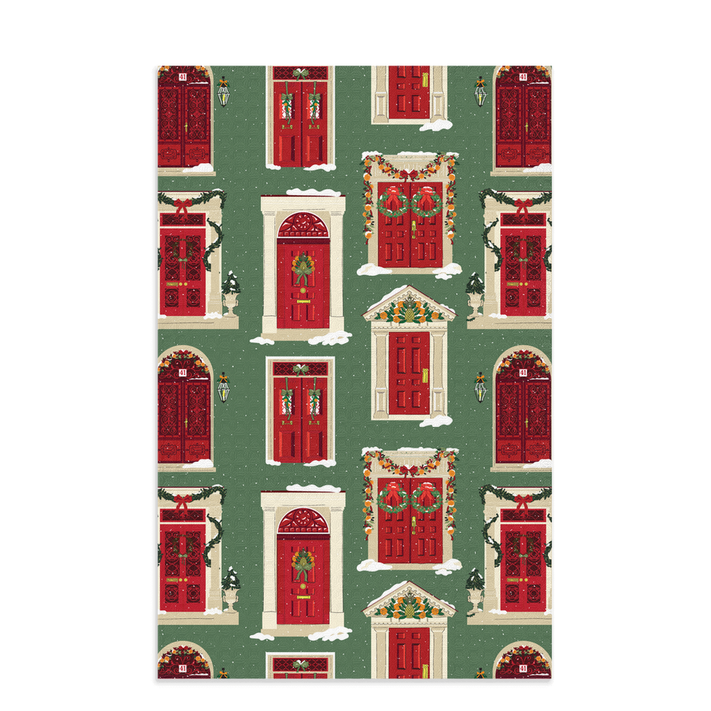 Christmas-Themed Green Festive Doors Waffle Kitchen Tea Towel, Waffle Towel, Cute Stocking Filler