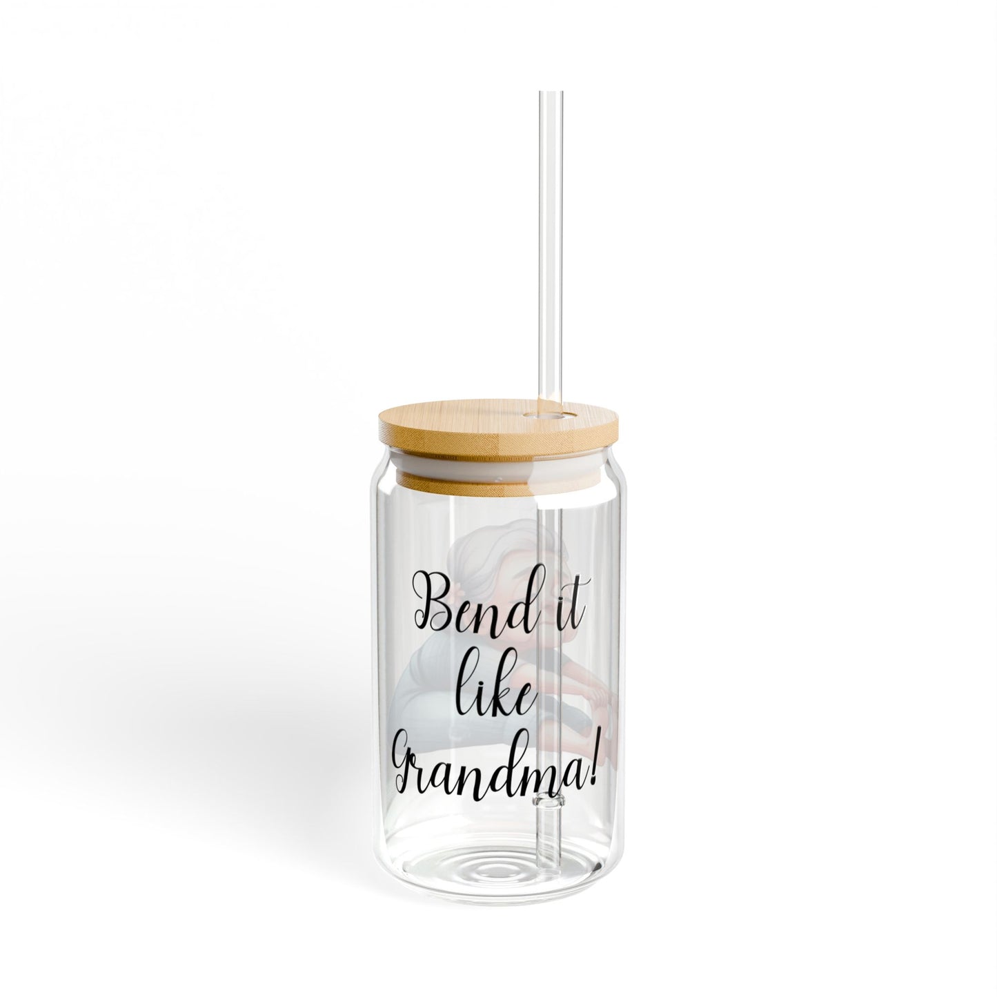 Our "Grandma Yoga" Collection Sipper Glass with Bamboo Lid and Tritan Straw!