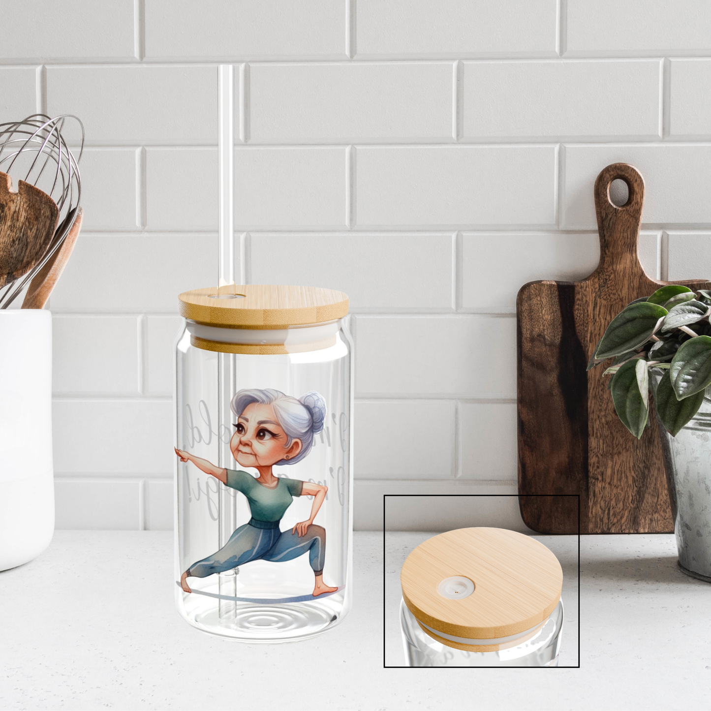 Our "Grandma Yoga" Collection Sipper Glass with Bamboo Lid and Tritan Straw!