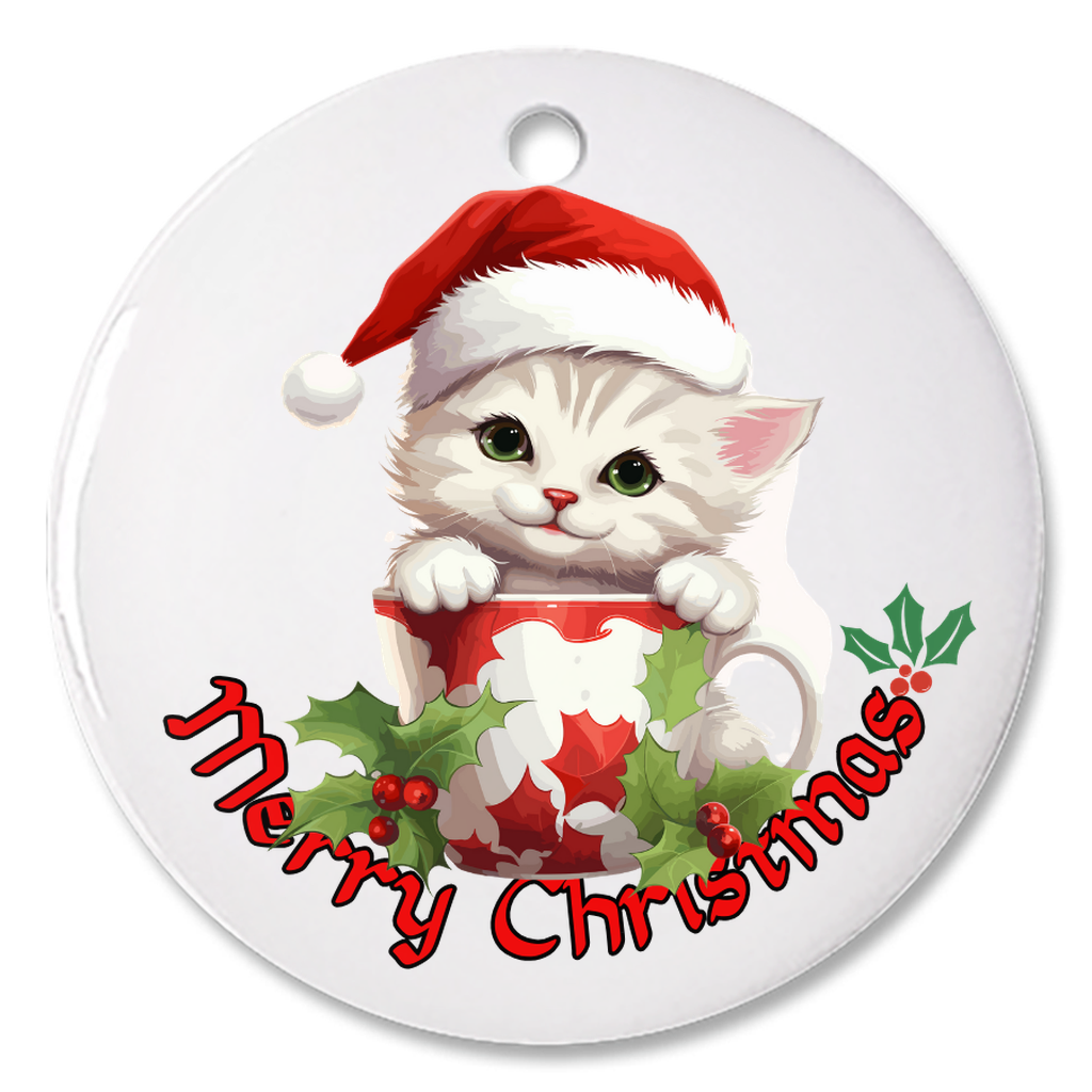 Radiant 3D Porcelain Christmas Kitten Ornament:  Elegance in Every Detail for Your Holiday Joy!