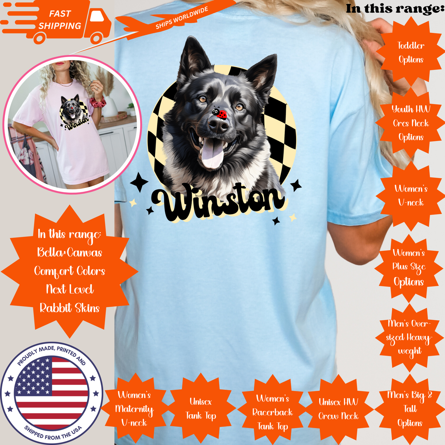 Comfort Colors 1717 Heavyweight Unisex T-Shirt - Whimsical Animal & Insect Portrait With BACK IMAGE PLACEMENT On T-shirt, Dog Tee, Cat T-shirt.