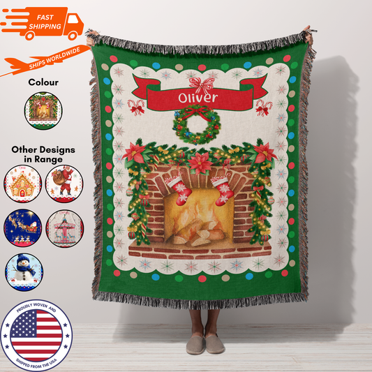 Personalized Custom Jacquard Woven Children’s Christmas Luxurious Blanket, Personalized Christmas Fireplace Keepsake Throw, Stocking Filler to Capture Special Moments