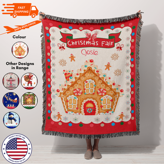 Personalized Custom Jacquard Woven Children’s Christmas Luxurious Blanket, Personalized Gingerbread House Keepsake Throw, Stocking Filler to capture Special Moments