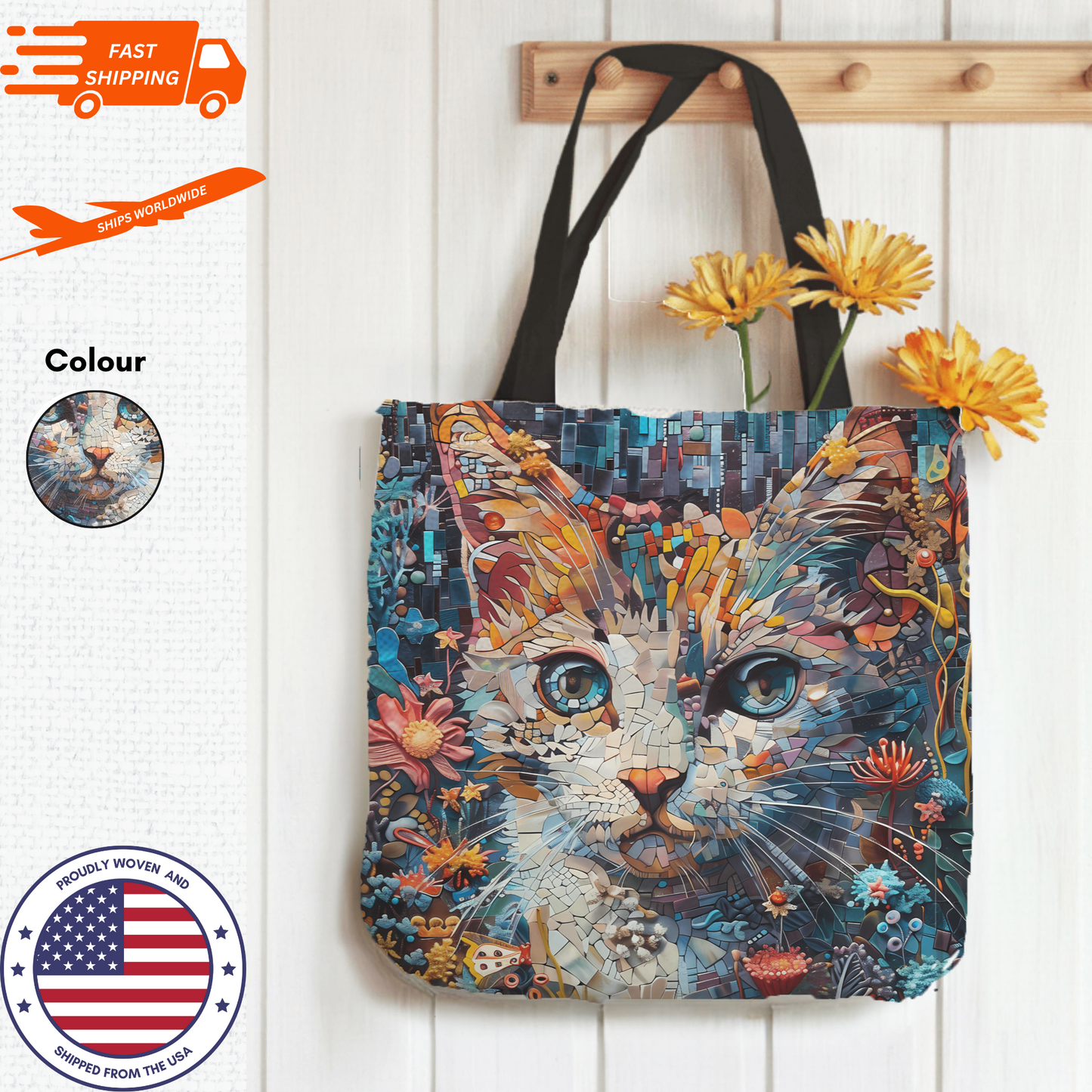 Tapestry Tote Cute Cat Bag Mosaic Hobo Bag Tapestry Shoulder Bag Jacquard Woven Tote Bag Tapestry Tote Kids Grocery Bags Art Cat Mom