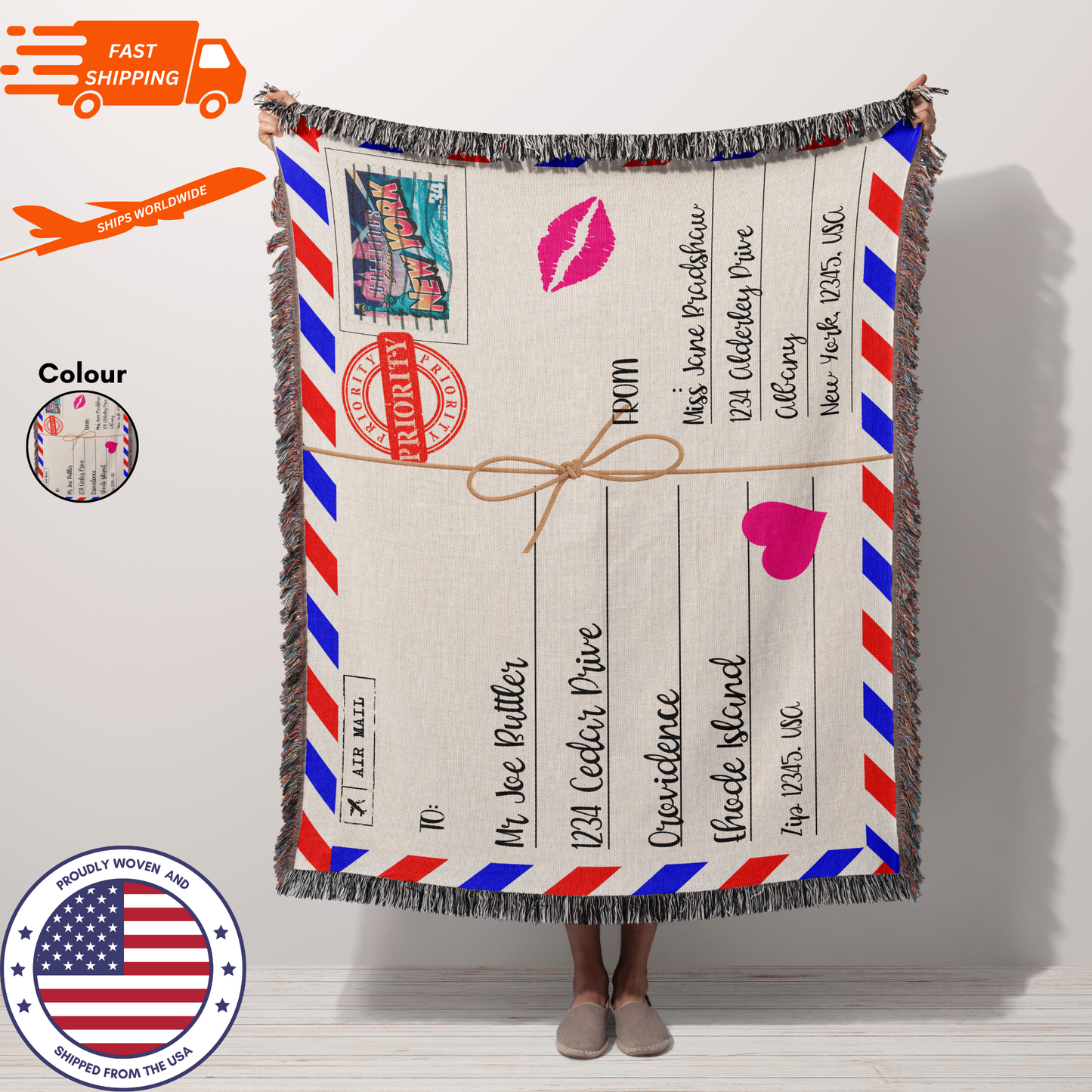 Personalized Custom Jacquard Woven Air Mail Envelope Love Letter Blanket, Personalized Envelope Keepsake Throw, Cotton Anniversary Throw, Blanket Air Mail Envelope with Heart & Lips Stocking Filler, Gift for Partner