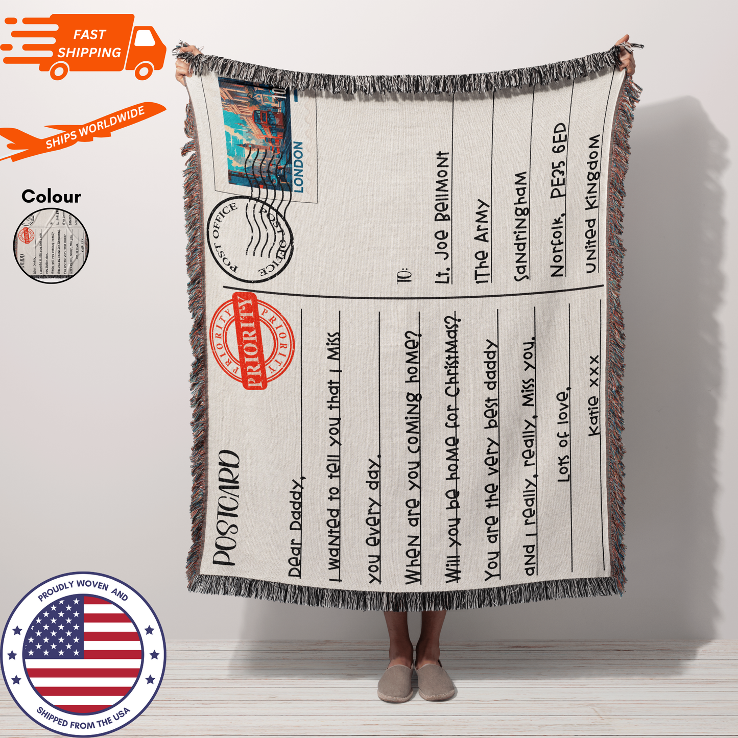 Personalized Custom Jacquard Woven Air Mail Postcard Love Letter Blanket, Personalized Air Mail Postcard Keepsake Throw, Cotton Anniversary Throw, Blanket Postcard with Message Stocking Filler