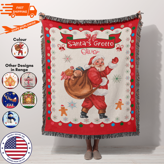 Personalized Custom Jacquard Woven Children’s Christmas Luxurious Blanket, Personalized Santa's Grotto Keepsake Throw, Stocking Filler to Capture Special Moments