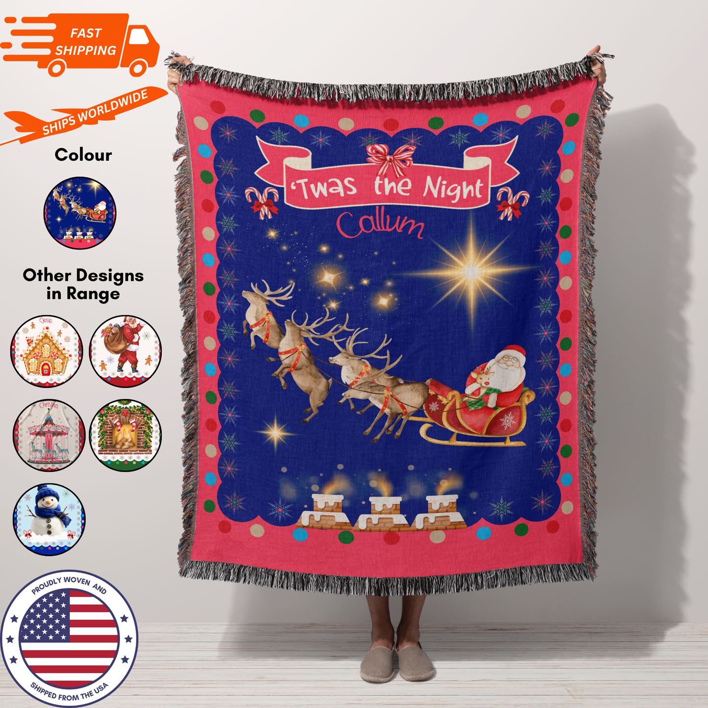 Personalized Custom Jacquard Woven Children’s Christmas Luxurious Blanket, Personalized Santa's Sleigh Ride Keepsake Throw, Stocking Filler to Capture Special Moments