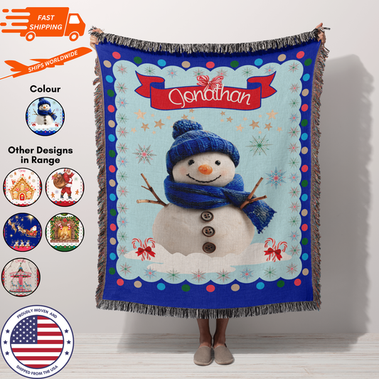 Personalized Custom Jacquard Woven Children’s Christmas Luxurious Blanket, Personalized Christmas Snowman Keepsake Throw, Stocking Filler to Capture Special Moments