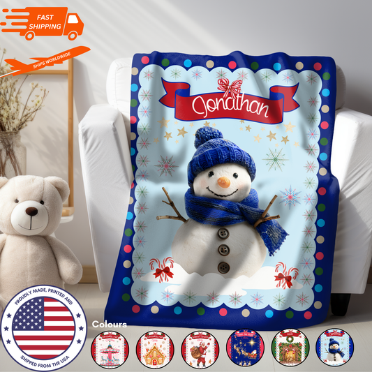 Personalized Children’s Christmas Snowman Plush Minky Blanket, Soft Minky Baby Blanket, 30x40”, 50x60”, 60x80” Kids Throw Blanket.