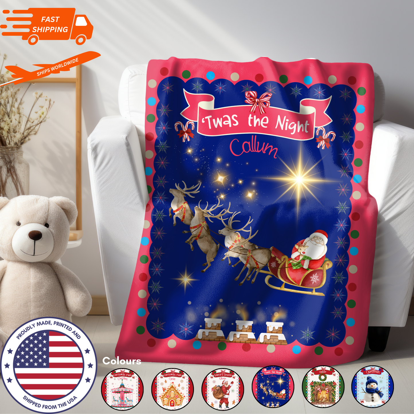 Personalized Children’s Santa's Reindeer Sleigh Plush Minky Blanket, Soft Minky Baby Blanket, 30x40”, 50x60”, 60x80” Kids Throw Blanket.