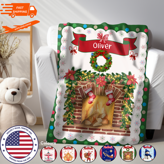 Personalized Children’s Christmas Fireplace Plush Minky Blanket, Soft Minky Baby Blanket, 30x40”, 50x60”, 60x80” Kids Throw Blanket.