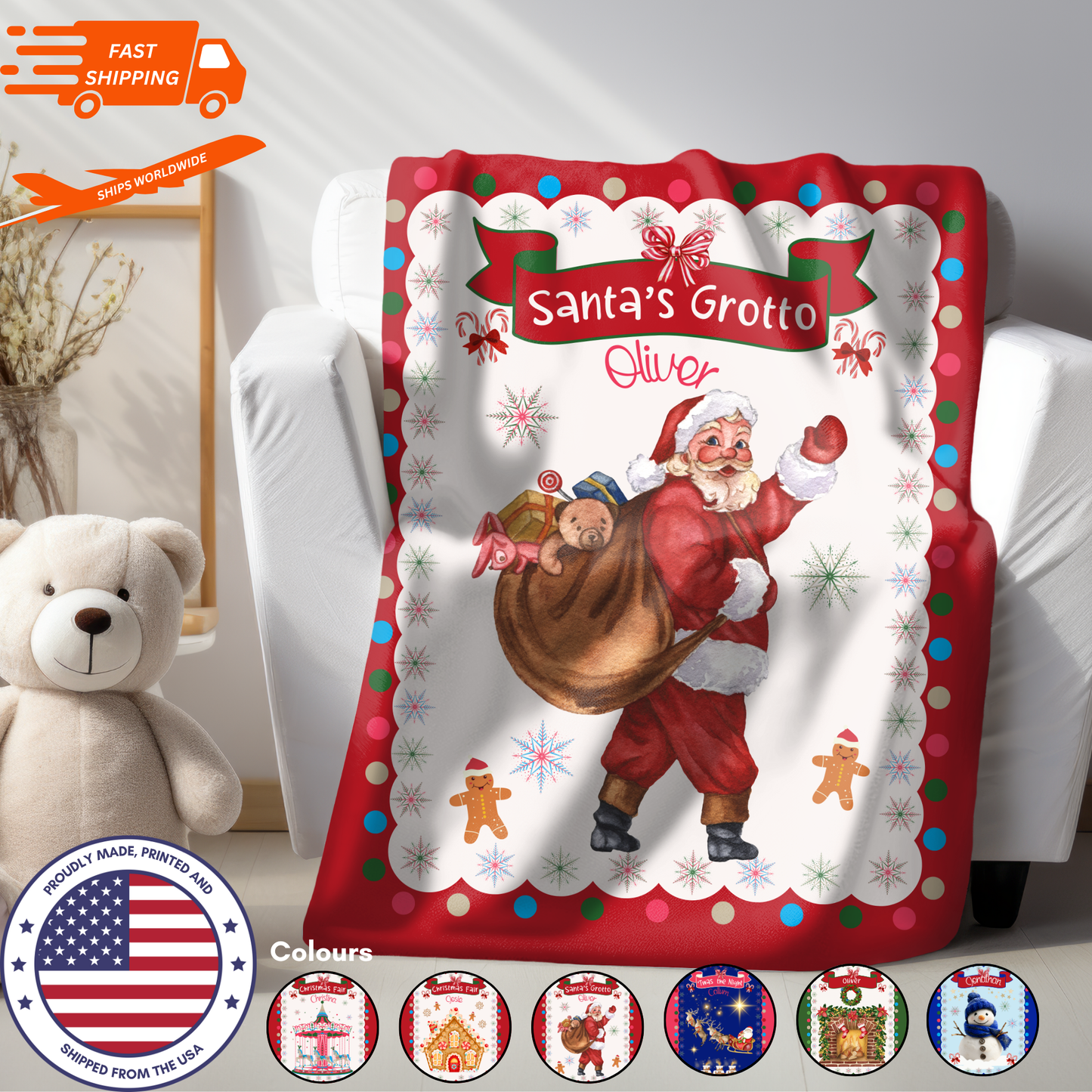 Personalized Children’s Christmas Santa's Grotto Plush Minky Blanket, Soft Minky Baby Blanket, 30x40”, 50x60”, 60x80” Kids Throw Blanket.