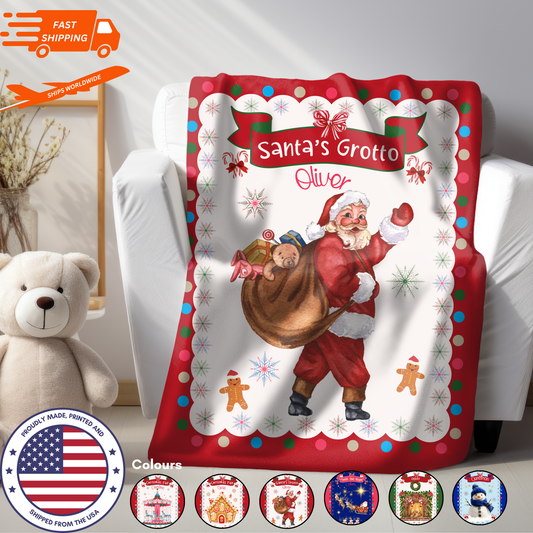 Personalized Children’s Christmas Santa's Grotto Plush Minky Blanket, Soft Minky Baby Blanket, 30x40”, 50x60”, 60x80” Kids Throw Blanket.