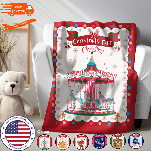 Personalized Children’s Christmas Carousel Plush Minky Blanket, Soft Minky Baby Blanket, 30x40”, 50x60”, 60x80” Kids Throw Blanket.