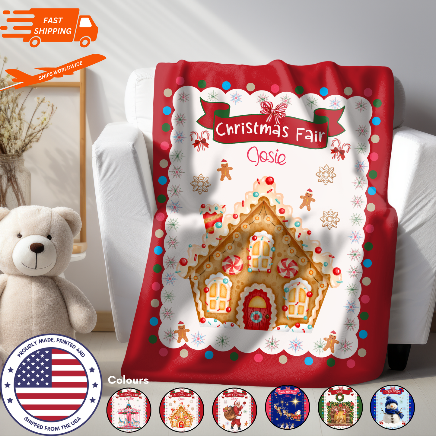 Personalized Children’s Christmas Gingerbread Plush Minky Blanket, Soft Minky Baby Blanket, 30x40”, 50x60”, 60x80” Kids Throw Blanket.