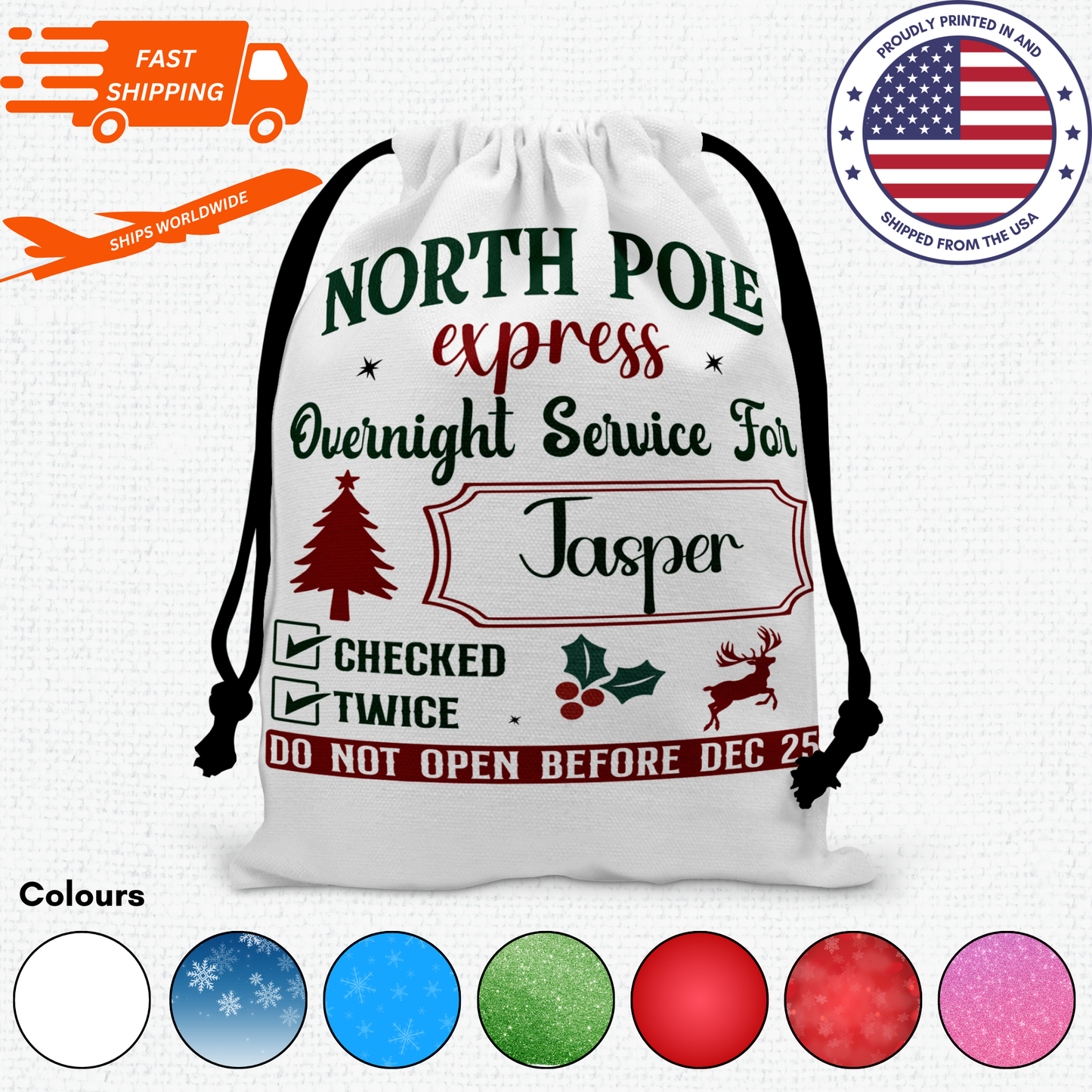 Personalized Large Christmas Drawstring Sack, "North Pole Express, Overnight Service For...." Personalized Bag, Santa Sack, Kid's Christmas Sack, Christmas Bags, Party Supplies Bag, Gift Sacks