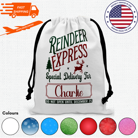 Personalized Large Christmas Drawstring Sack, "Reindeer Express Special Delivery For..."Personalized Bag, Santa Sack, Kid's Christmas Sack, Christmas Bags, Party Supplies Bag, Gift Sacks