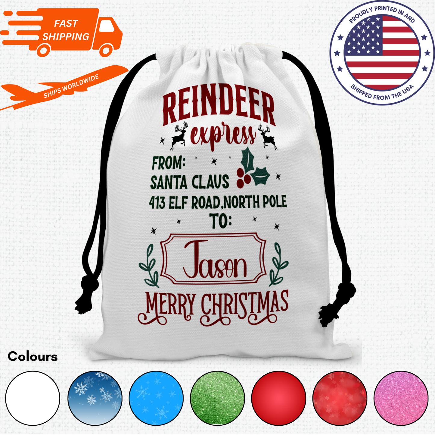 Personalized Large Christmas Drawstring Sack, "Reindeer Express from Santa Claus To Jason" Personalized Bag, Santa Sack, Kid's Christmas Sack, Christmas Bags, Party Supplies Bag, Gift Sacks