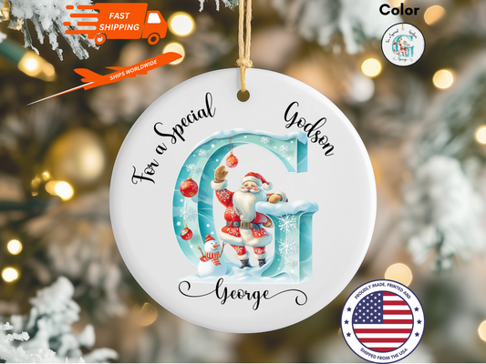 Personalized Christmas Ice Alphabet Godson Christmas Tree Porcelain Ornament, For A Special Godson Bauble, Christmas Keepsake