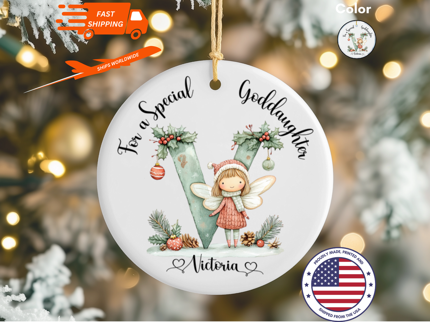 Personalized Christmas Fairy Alphabet Goddaughter Christmas Tree Porcelain Ornament, For A Special Goddaughter Bauble, Christmas Keepsake