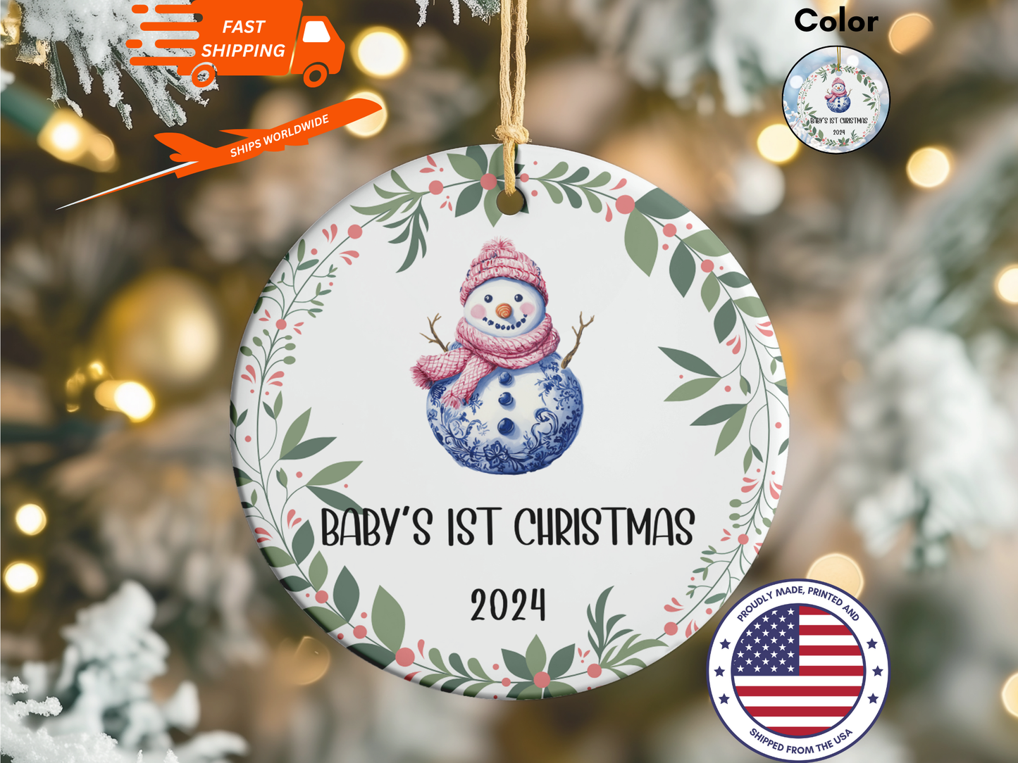 Personalized, Customized Baby’s First Christmas Tree Porcelain Snowman Ornament, Baby’s 1st Christmas Bauble, Baby’s Christmas Keepsake