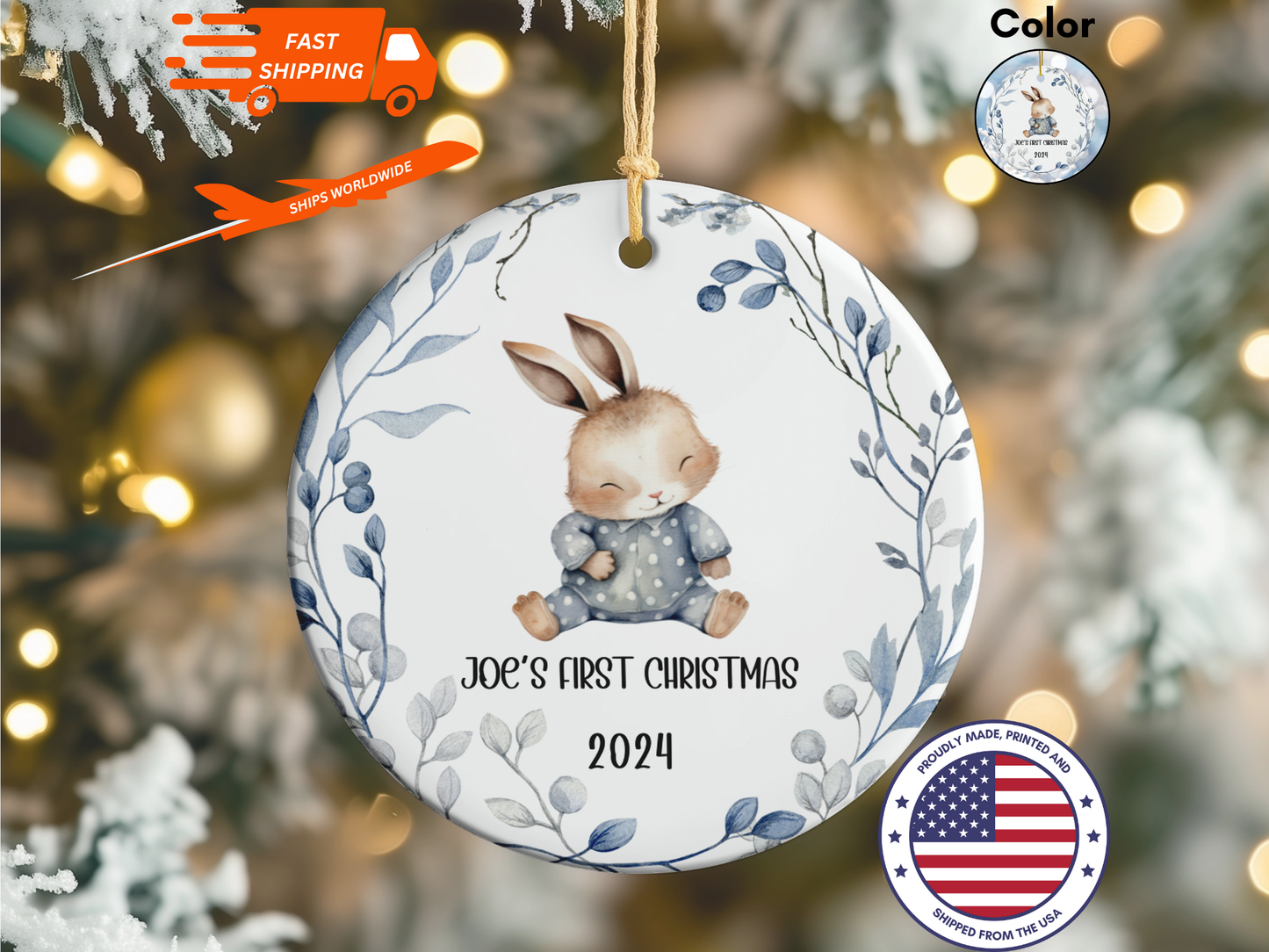 Personalized, Customized Baby’s First Christmas Porcelain Grey Bunny Ornament, Baby’s 1st Christmas Bauble, Baby’s Christmas Keepsake