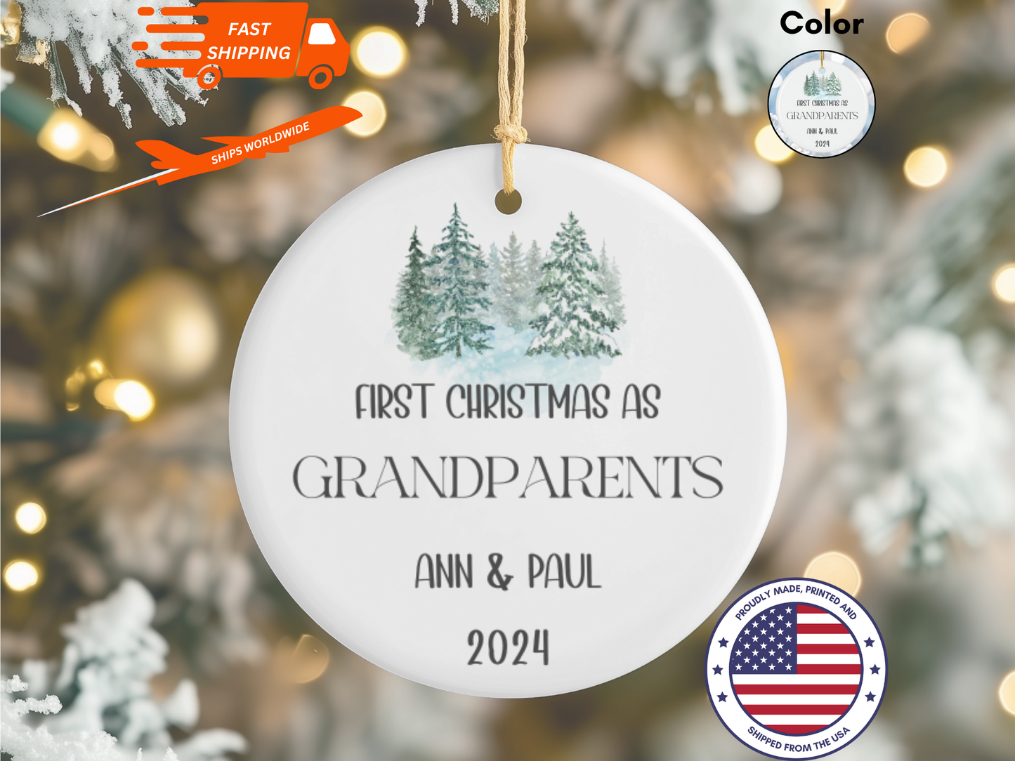 Personalized "First Christmas As Grandparents" Christmas Tree Porcelain Ornament, 1st Xmas Bauble Decoration for Grandma and Grandad