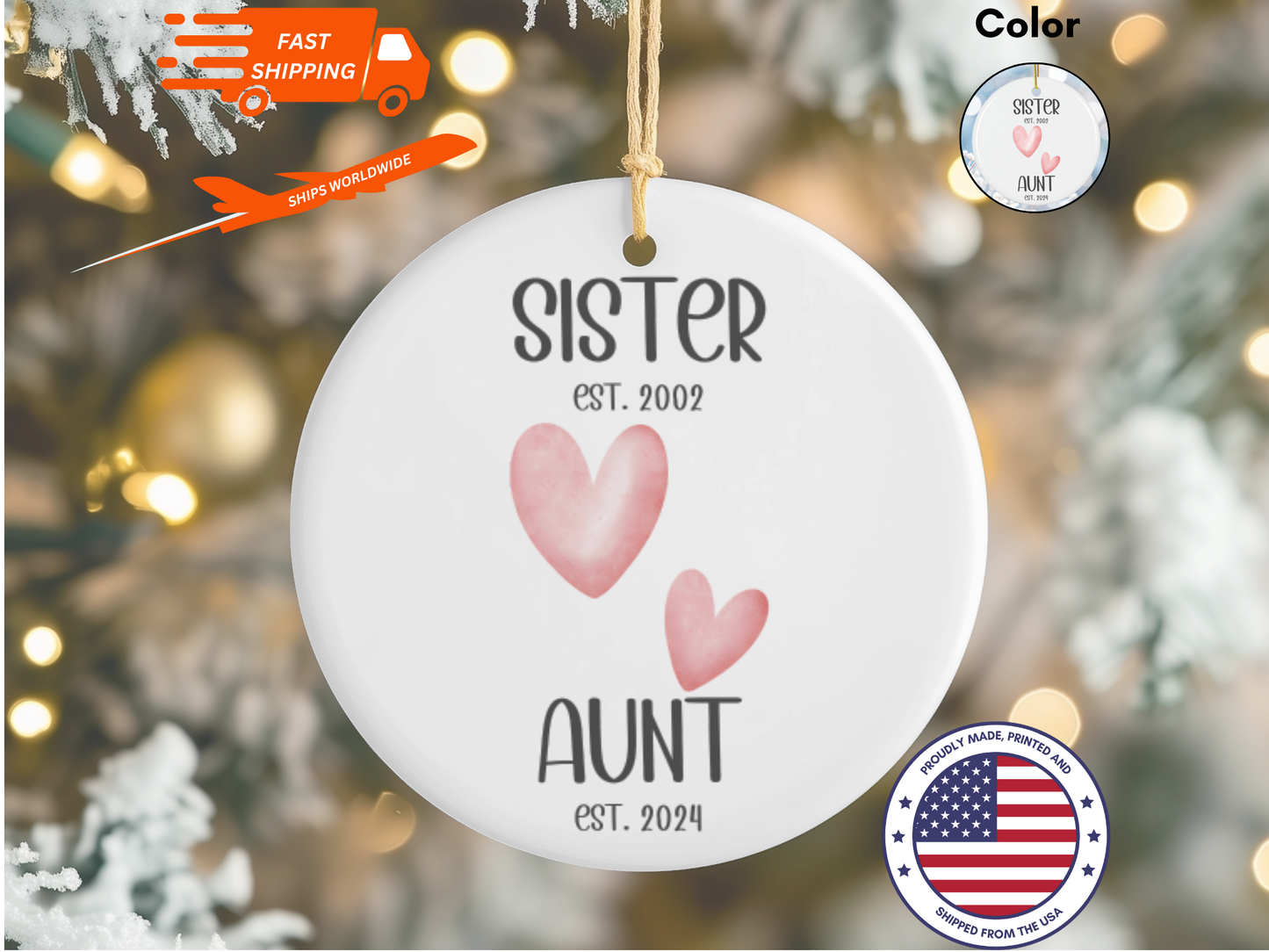 Personalized New Aunt Christmas Porcelain Ornament, Pregnancy Reveal to Sister, First Time Aunt Christmas Ornament Gift