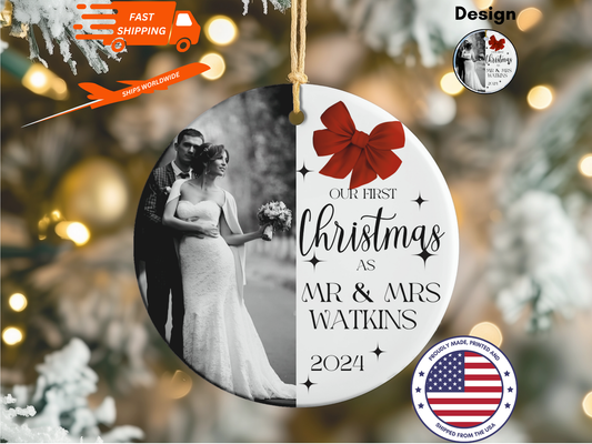 Personalized Photo First Christmas as Mr & Mrs, Mr & Mr, Mrs & Mrs Bauble Porcelain Ornament, First Christmas Married Milestone Keepsake