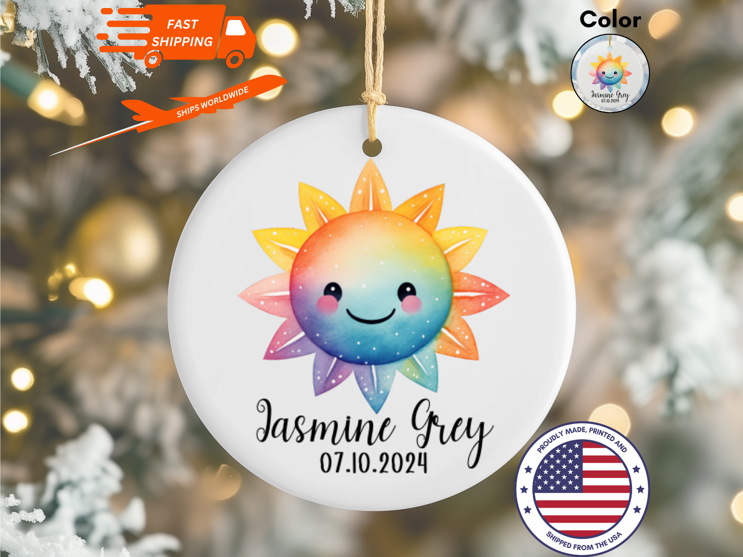 Personalized Newborn Baby Girl And Boy Sun Porcelain Keepsake Bauble, Baby Girl And Boy First Christmas Colorful Sun Ornament