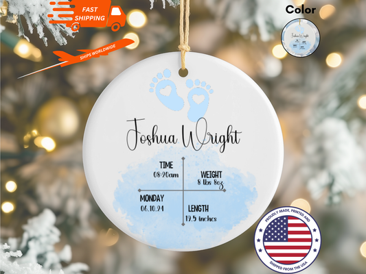 Personalized Newborn Baby Boy Birth Details Porcelain Keepsake Bauble, Baby Boy First Christmas Pastel Rainbow Ornament With Birth Details