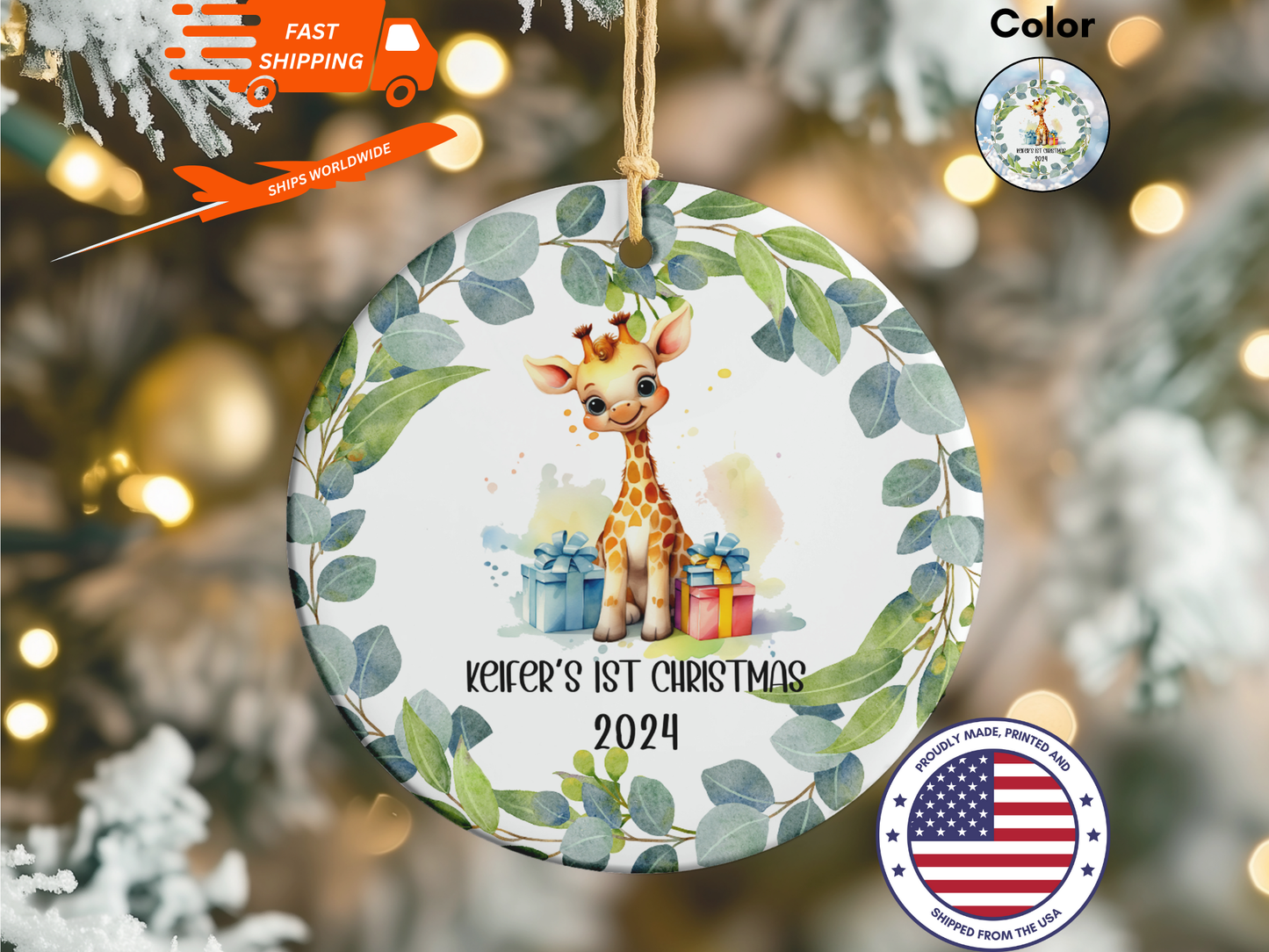 Personalized, Customized Baby’s First Christmas Porcelain Cute Giraffe Ornament, Baby’s 1st Christmas Bauble, Baby’s Christmas Keepsake