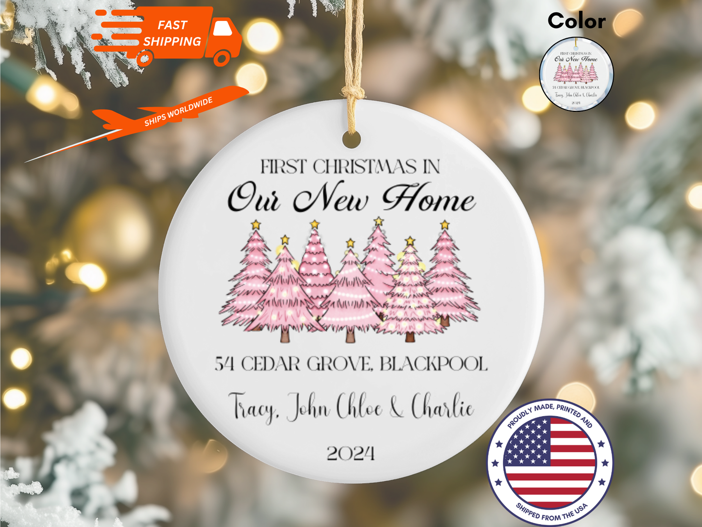 Personalized “First Christmas In Our New Home” Pink Christmas Tree Porcelain Ornament, Customized New House Bauble, Our First Home Keepsake