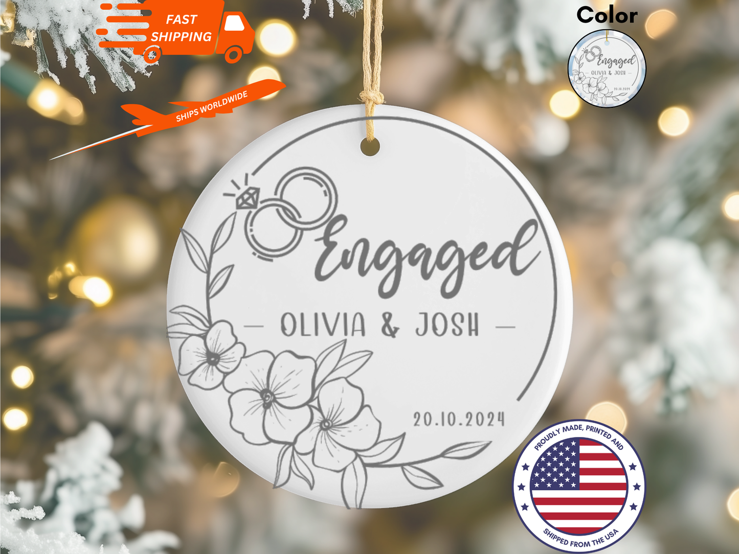 Personalized Engagement Ornament, Engagement Gift, Engagement Present, Newly Engaged Couple Gift, Engaged Ceramic Hanging Keepsake