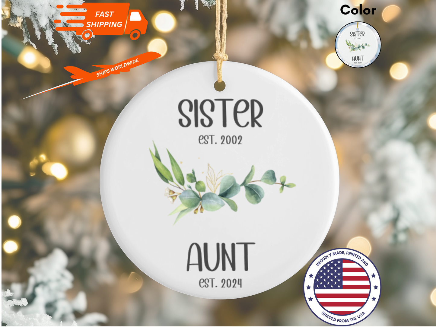 Personalized New Aunt Christmas Porcelain Ornament, Pregnancy Reveal to Sister, Aunt Pregnancy Announcement