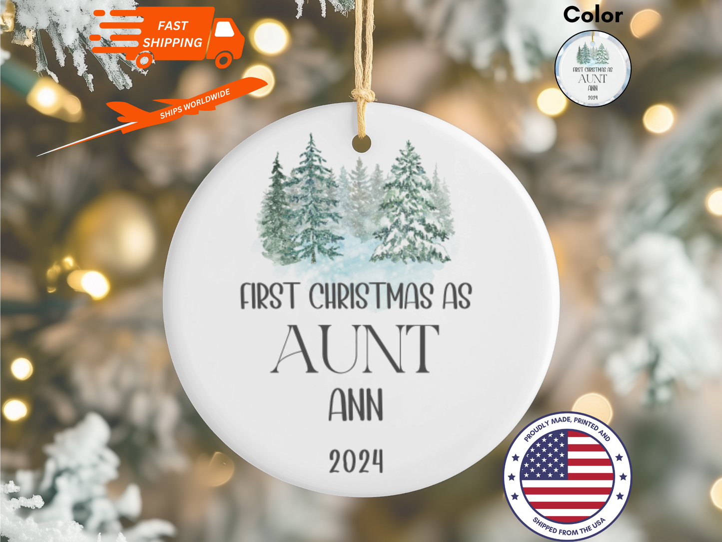 Personalized "First Christmas As Aunt" Christmas Tree Porcelain Ornament, 1st Xmas Bauble Decoration for Aunt